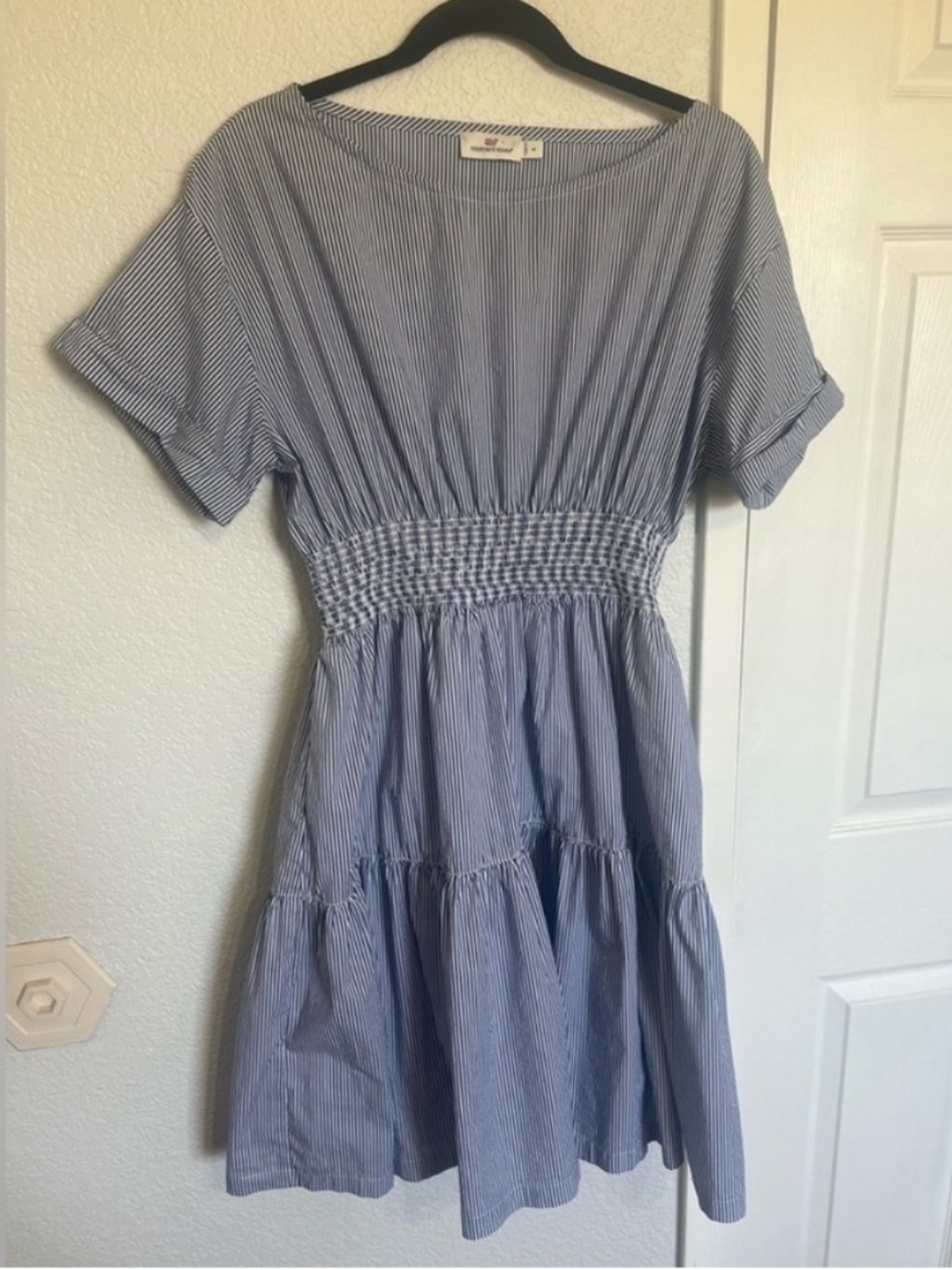 Vineyard Vines Blue White Stripe Smocked Waist Fit & Flare Mini Dress - Picture 4 of 12